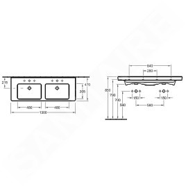 Villeroy & Boch Subway 2.0 - Meuble double vasque 1300x470 mm, avec trop-plein et trous pour la robinetterie, blanc 7175D001