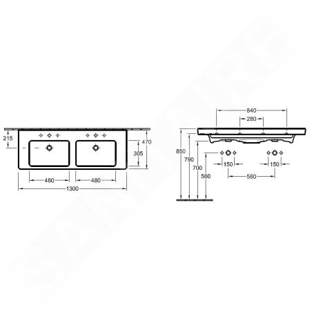 Villeroy & Boch Subway 2.0 - Meuble double vasque 1300x470 mm, avec trop-plein et trous pour la robinetterie, blanc 7175D001