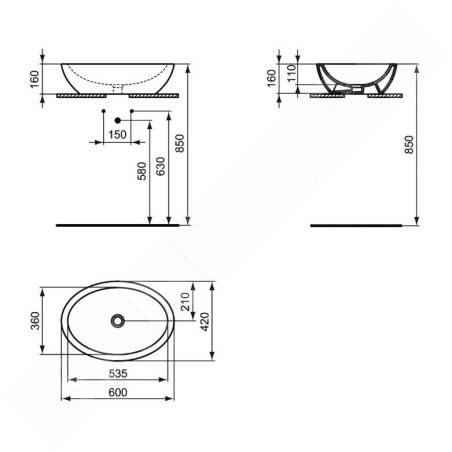 Ideal Standard Strada - Vasque, 600x420 mm, sans trop-plein, noir K0784V3