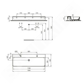 Ideal Standard Conca Ceram - Double-lavabo à poser 1200x450 mm, sans trop-plein, trous pour robinet, blanc T384401