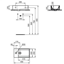 Ideal Standard Extra - Lave-main à poser 450x250 mm, avec trop-plein, trou pour robinet à gauche, blanc T392001