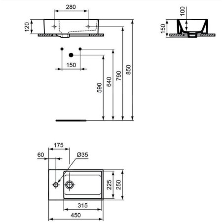 Ideal Standard Extra - Lave-main à poser 450x250 mm, avec trop-plein, trou pour robinet à gauche, blanc T392001