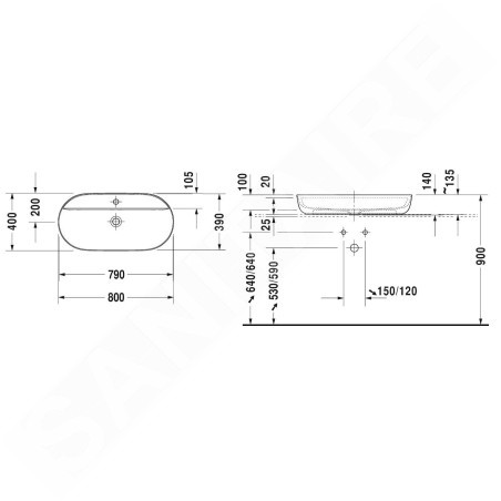 Duravit Luv - Vasque 800x400 mm, avec un trou pour robinet, DuraCeram, avec WonderGliss, blanc alpin 03808000001