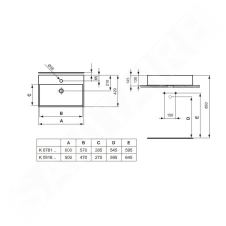 Ideal Standard Strada - Lavabo 500x420x145 mm, 1 ouverture pour mitigeur, avec Ideal Plus, blanc K0816MA