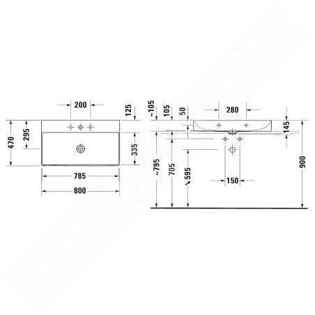 Duravit DuraSquare - Meuble-lavabo 800x470 mm, avec un trou pour robinet, DuraCeram, avec WonderGliss, blanc alpin 23538000711