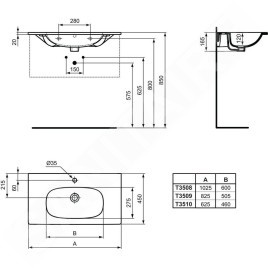 Ideal Standard Tesi - Lavabo à encastrer 625x450x165 avec un trou pour mitigeur, blanc T351001