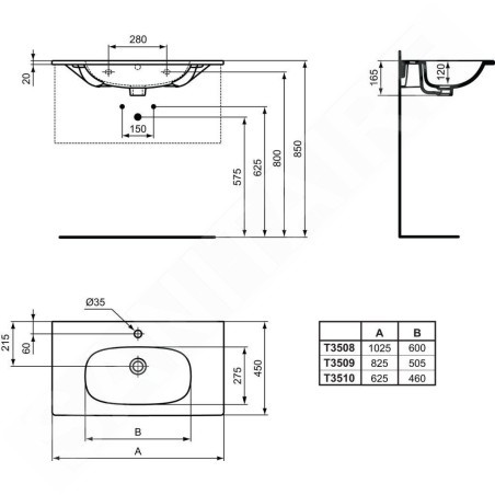 Ideal Standard Tesi - Lavabo à encastrer 625x450x165 avec un trou pour mitigeur, blanc T351001