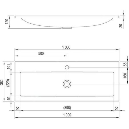 Ravak Clear - Lavabo 1000x380 mm, sans trop-plein, avec trou pour robinet, blanc XJJ01110000
