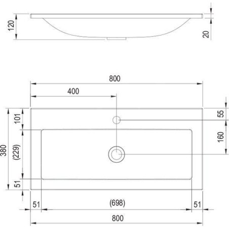 Ravak Clear - Lavabo pour meuble poser, 800x380 mm, sans trop-plein, trou pour robinet, blanc XJJ01180000