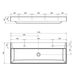 Ravak Natural - Double-lavabo, 1200x450 mm, sans trop-plein, trous pour robinet, blanc XJO01212000