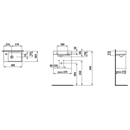Laufen Pro S - Lave-mains, 480x280 mm, 1 trou pour mitigeur à gauche, blanc H8159550001041