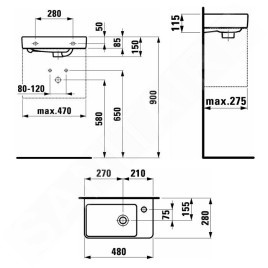 Laufen Pro S - Lave-mains, 480x280 mm, 1 trou pour mitigeur à droite, blanc H8159540001041