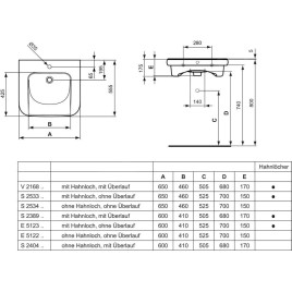 Ideal Standard Contour 21 - Lavabo pour personnes à mobilité réduite, 600x175x555 mm, un trou pour mitigeur, blanc S238901