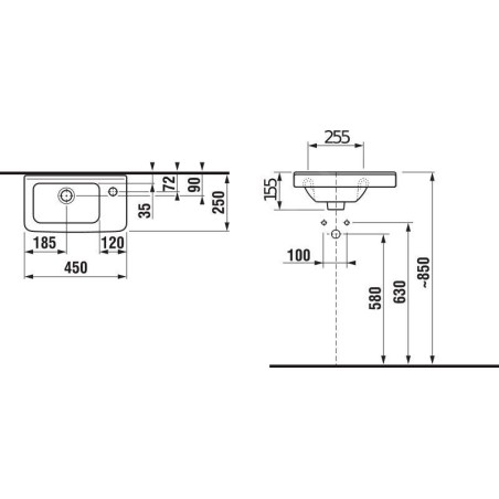 Jika Cubito - Lave-mains 450x250 mm, avec trop-plein, trou pour robinetterie à droite, blanc H8114240001061