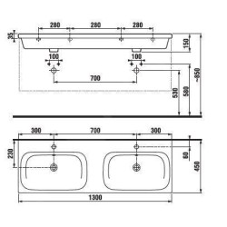 Jika Mio-N - Double-lavabo 1300x450 mm, avec trop-plein, 2 trous pour robinet, blanc H8147140001041