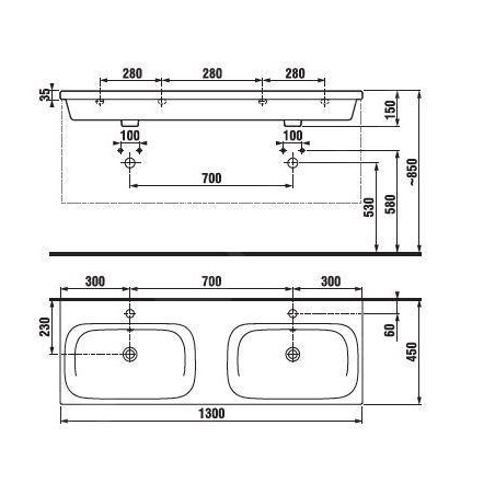 Jika Mio-N - Double-lavabo 1300x450 mm, avec trop-plein, 2 trous pour robinet, blanc H8147140001041