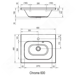 Ravak Chrome - Lavabo 600x490 m, avec un trou pour robinet, blanc XJG01160000