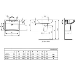 Ideal Standard Eurovit - Lavabo 650x460x190 mm, un trou pour mitigeur, blanc V302801