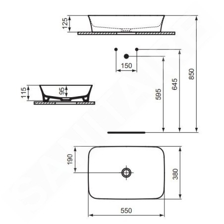 Ideal Standard Ipalyss - Lavabo à poser, 550x380 mm, sans trop-plein, blanc mat E2076V1