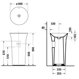 Duravit White Tulip - Lavabo autoportant 500x500x900 mm, sans trou pour robinetterie, avec WonderGliss, blanc 27025000701