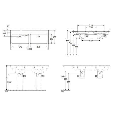 Villeroy & Boch Subway 3.0 - Double-lavabo 1300x470 mm, sans trop-plein, sans trou de robinetterie, CeramicPlus, Stone White