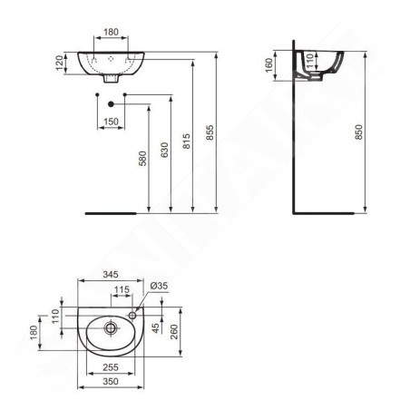 Ideal Standard Eurovit - Lave-mains 350x260 mm, avec trop-plein, trou pour robinetterie à droite, blanc E871601