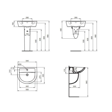 Ideal Standard Eurovit - Lavabo 550x460 mm, avec trop-plein, trou pour robinetterie, blanc W332601