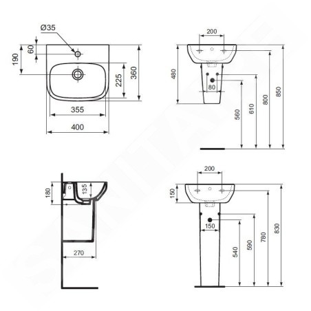 Ideal Standard i.Life A - Lave-mains 400x360 mm, avec trop-plein, trou pour robinetterie, blanc T470801
