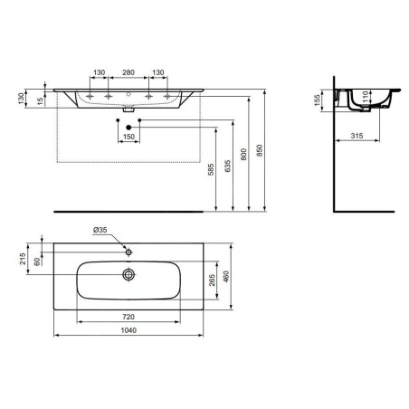 Ideal Standard i.Life A - Lavabo 1040x460 mm, avec trop-plein, trou pour robinet, blanc T462101