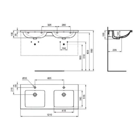 Ideal Standard i.Life B - Lavabo double 121x52 cm, avec trop-plein, 2 trous pour robinet, blanc T460201