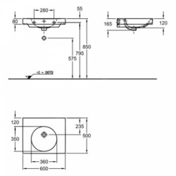 Geberit Preciosa II - Lavabo avec plage de dépose, 600x500x165 mm, avec trop-plein, trou pour robinetterie, blanc 123260000