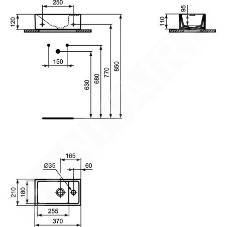 Ideal Standard Tempo - Lave-mains 370x210 mm, sans trop-plein, 1 trou de robinetterie à droite, blanc E211201