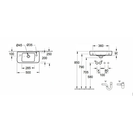 Villeroy & Boch O.novo - Lave-mains Compact 500x250 mm, avec trop-plein, avec 1 trou de  robinetterie à droite, blanc alpin