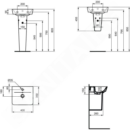 Ideal Standard Connect Air - Lave-main Cube, 400x350x160 mm avec un trou pour mitigeur, blanc E030701