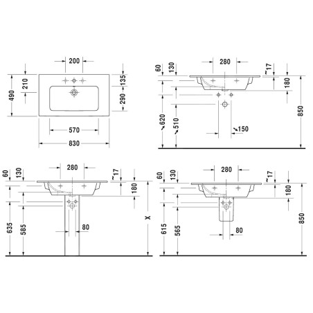 Duravit ME by Starck - Meuble-lavabo 830x490 mm, avec un trou pour robinet, blanc alpin 2336830000