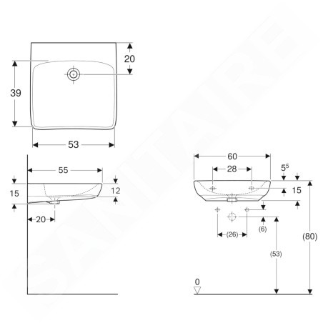 Geberit Selnova Comfort - Lavabo adapté aux PMR, sans trop-plein, sans trou pour robinetterie, blanc 502.771.00.7