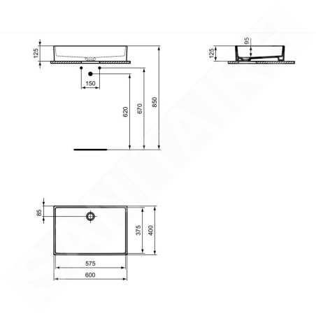 Ideal Standard Extra - Lavabo à poser 600x400 mm, sans trop-plein, blanc T374001