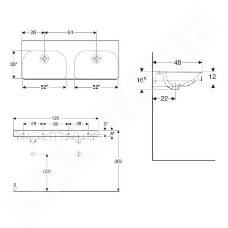 Geberit Smyle Square - Double lavabo 1200x480 mm, avec trop-plein, sans trou pour robinetterie, blanc 500.224.01.1