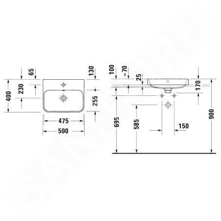 Duravit Happy D.2 Plus - Vasque 500x400 mm, avec un trou pour robinet, avec WonderGliss, blanc 23605000001