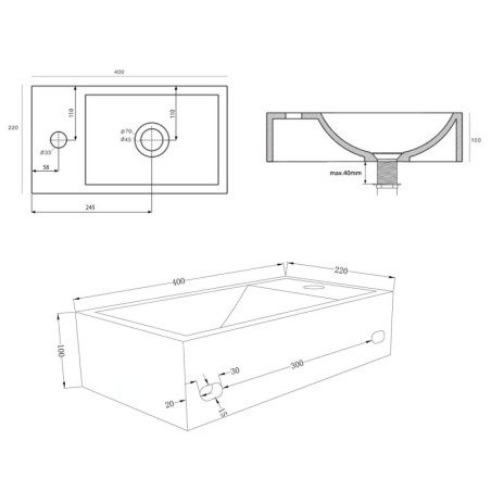 Sapho Small - Lave-mains Crest, 400x220 mm, avec un trou pour robinet à gauche, nanocouche, grèse blanc AR410