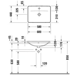 Duravit D-Neo - Vasque à encastrer 600x440 mm, 1 trou pour robinetterie, blanc 0357600027