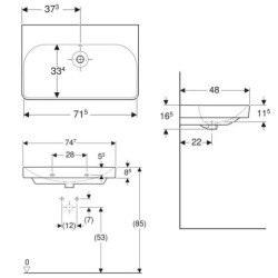 Geberit Smyle Square - Lavabo 750x480x165 mm, avec trop-plein, sans trou pour robinetterie, blanc 500.249.00.2