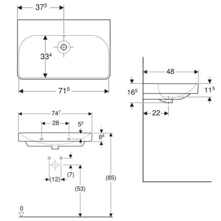 Geberit Smyle Square - Lavabo 750x480x165 mm, avec trop-plein, sans trou pour robinetterie, blanc 500.249.00.2