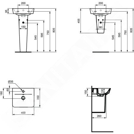 Ideal Standard Connect Air - Lave-mains Cube 400x350x160 mm, avec trop-plein, avec trou pour robinetterie, noir E0307V3