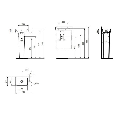 Ideal Standard i.Life S - Lave-mains 450x250 mm, avec trop-plein, trou pour robinetterie à droite, blanc T458601