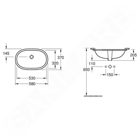 Villeroy & Boch O.novo - Vasque sans trou à installer par le bas, avec trop-plein, 530 mm x 320 mm, blanc - vasque, avec