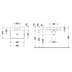 Duravit DuraSquare - Lavabo 600x470 mm, avec un trou pour robinet, DuraCeram, avec WonderGliss, blanc alpin 23536000411