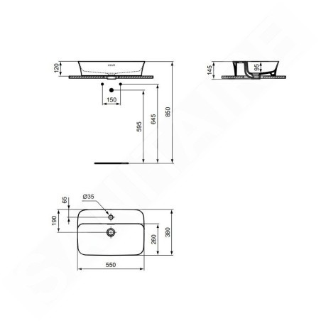 Ideal Standard Ipalyss - Vasque, 550x380 mm, avec trop-plein, un trou pour robinetterie, Ideal Plus, blanc E2077MA