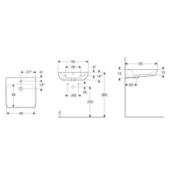 Geberit Selnova Comfort - Lavabo 550x550 mm, pour personnes à mobilité réduite, avec un trou de robinetterie, avec trop-plein,