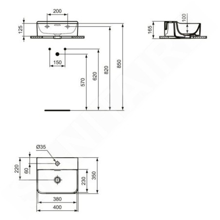 Ideal Standard Conca Ceram - Lave-main à poser 400x350 mm, avec trop-plein, trou pour robinet, blanc T387601